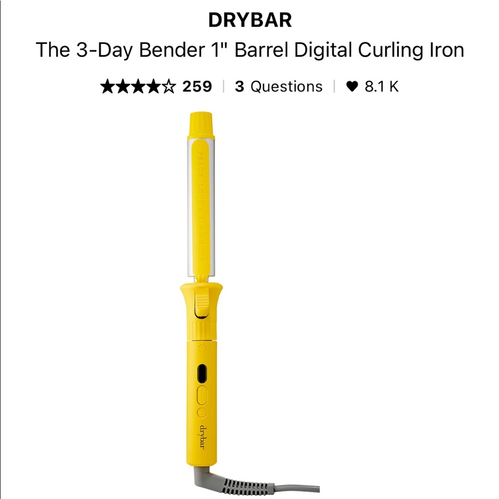 1 inch Drybar curling iron yellow and silver 3 Day Bender